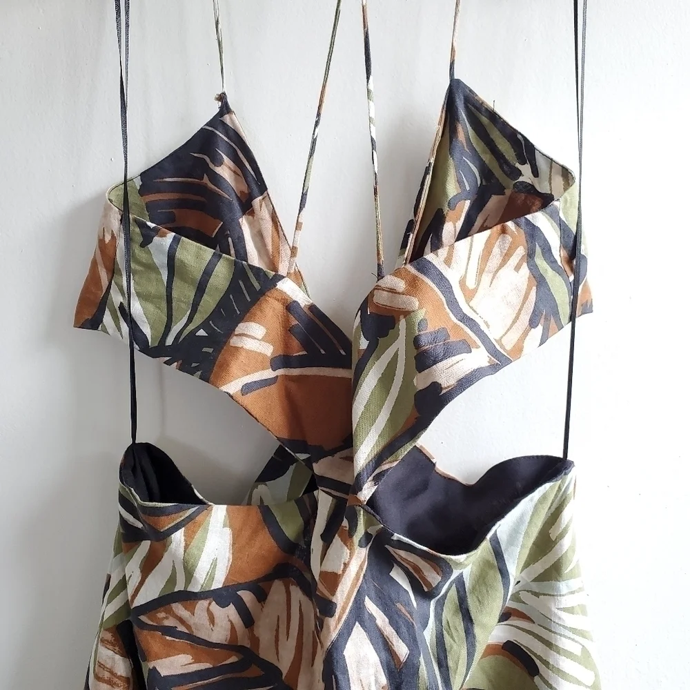 Zara Side Cutouts Spaghetti Straps Tropical Print Linen Mini Dress NWT S…